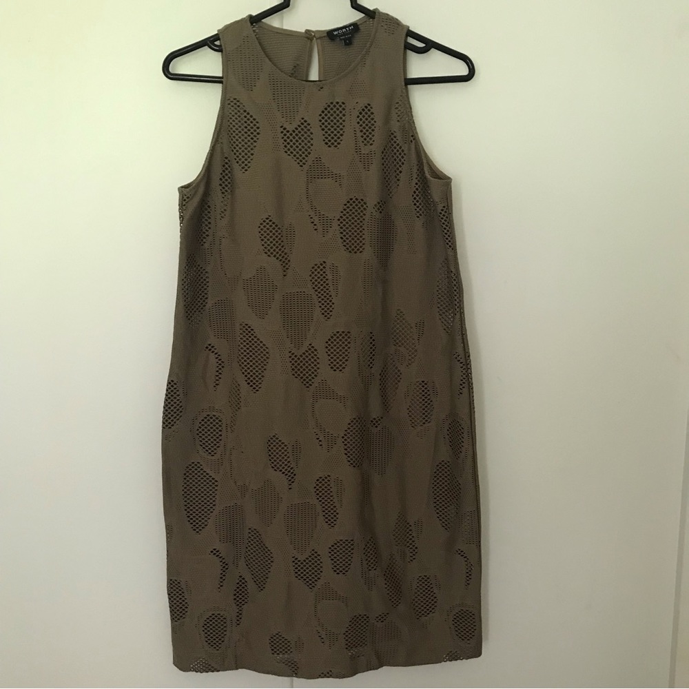 Worth New York Sheath Dress Brown Stretch Cut Out Lined Slip